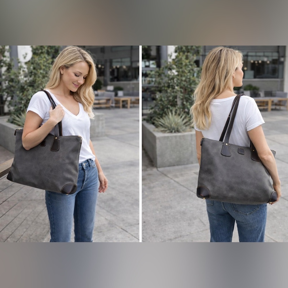 Bric’s Milano 🇮🇹 Gray Leather Tote Bag with Brown Accents